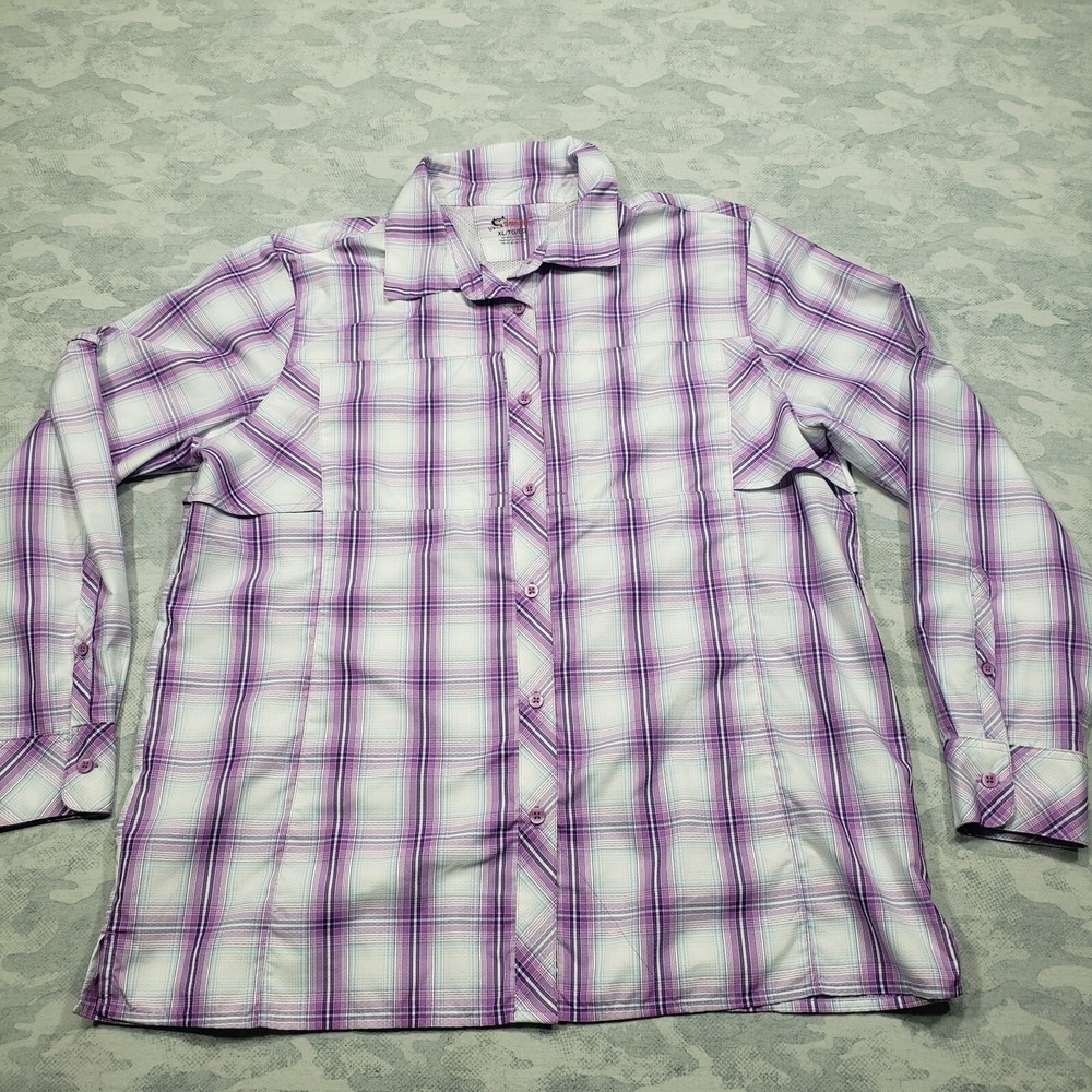 Worldwide Sportsman Top Womens Purple Plaid Long Sleeve Button Up Fishing Caped